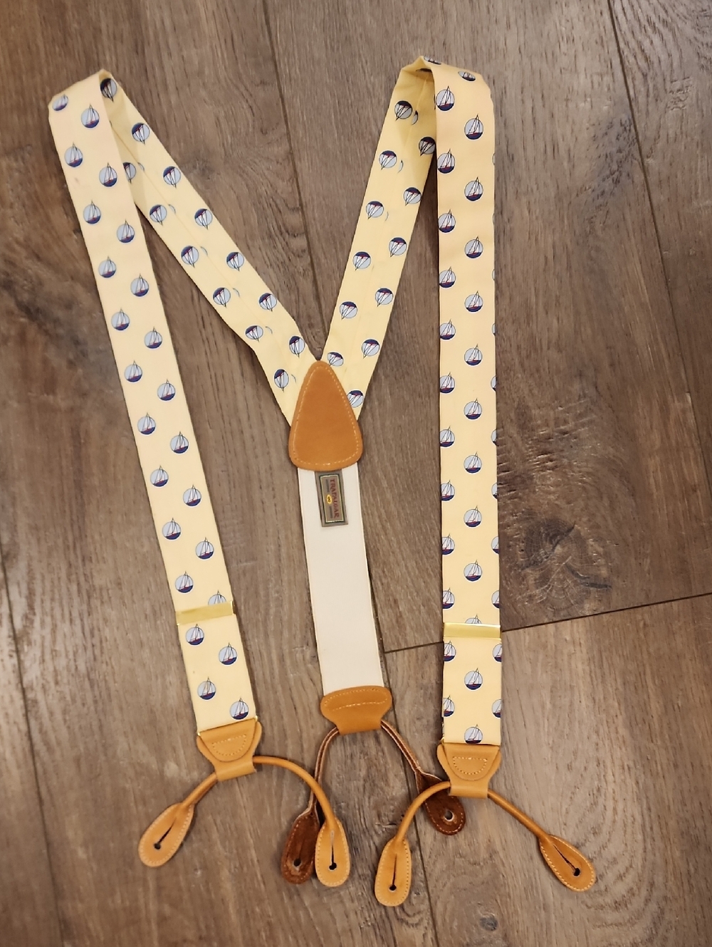 Trafalgar Sailboat Print Braces Suspenders Wool Blend Leather Trim Classic